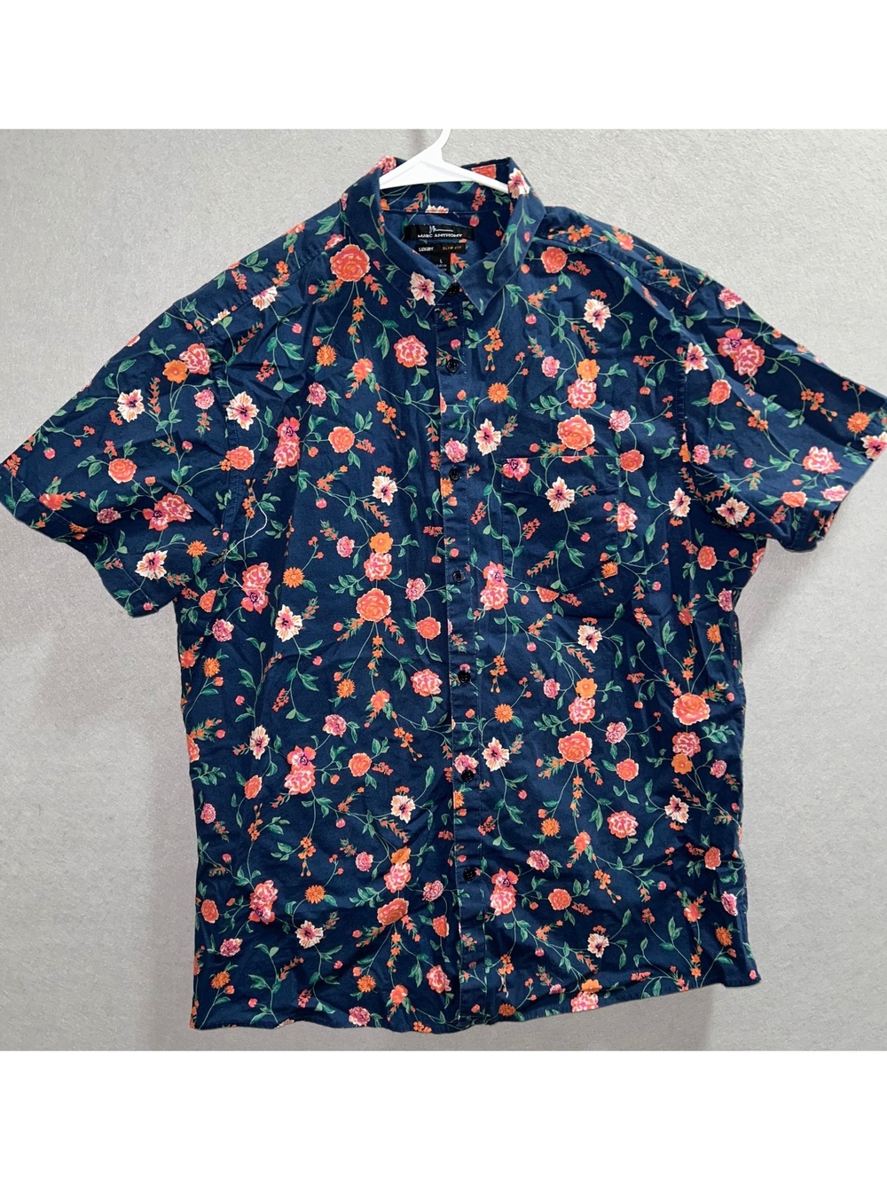 Marc Anthony Luxury Slim Fit Blue Floral Print Short Sleeve Button Up Mens Large